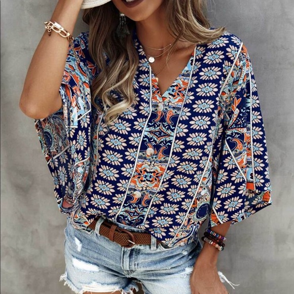 Boho paisley Print Batwing Top Blouse - Picture 5 of 7